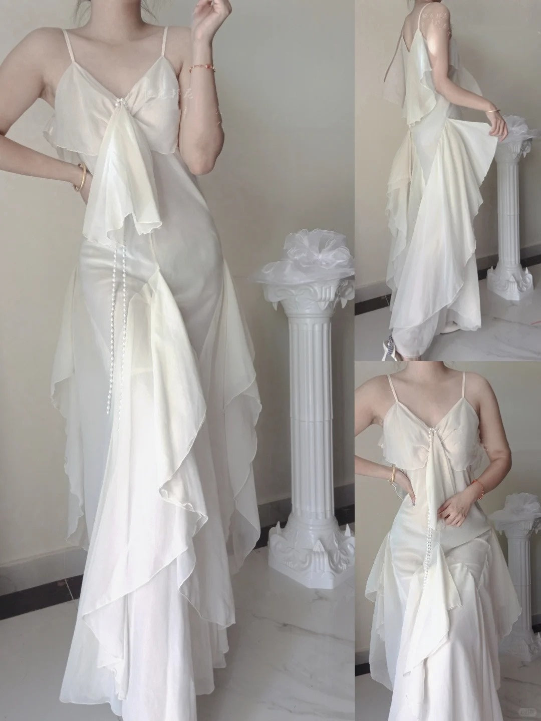 Ivory White Flowing Long Chiffon Ball Gown Evening Dress Party Dress gh4708