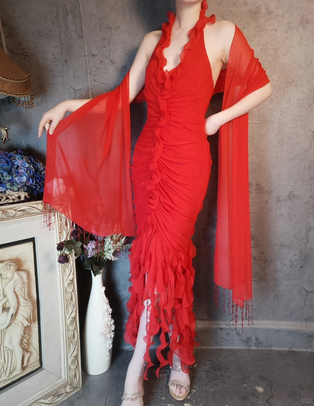 Flame red dress vintage pleated fishtail tassel beads retro elegant long chiffon prom dress evening dress party dress gh4808