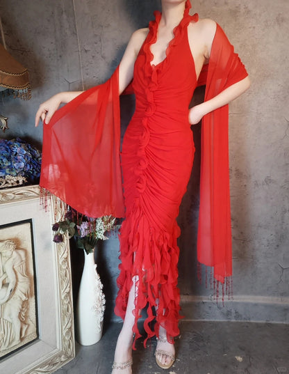 Flame red dress vintage pleated fishtail tassel beads retro elegant long chiffon prom dress evening dress party dress gh4808