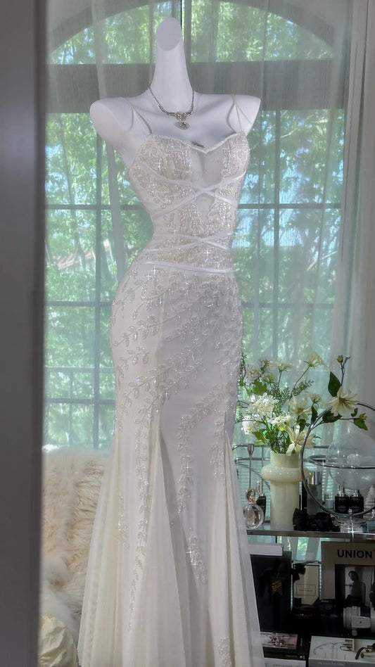 Moon white retro elegant vintage solid color spaghetti straps see-through sexy long exquisite beaded chiffon prom dress evening dress birthday party dress prom dress gh3948