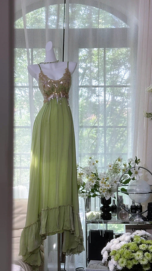 Green shiny sequins romantic elegant long chiffon ball gown evening dress party dress date dress gh4614