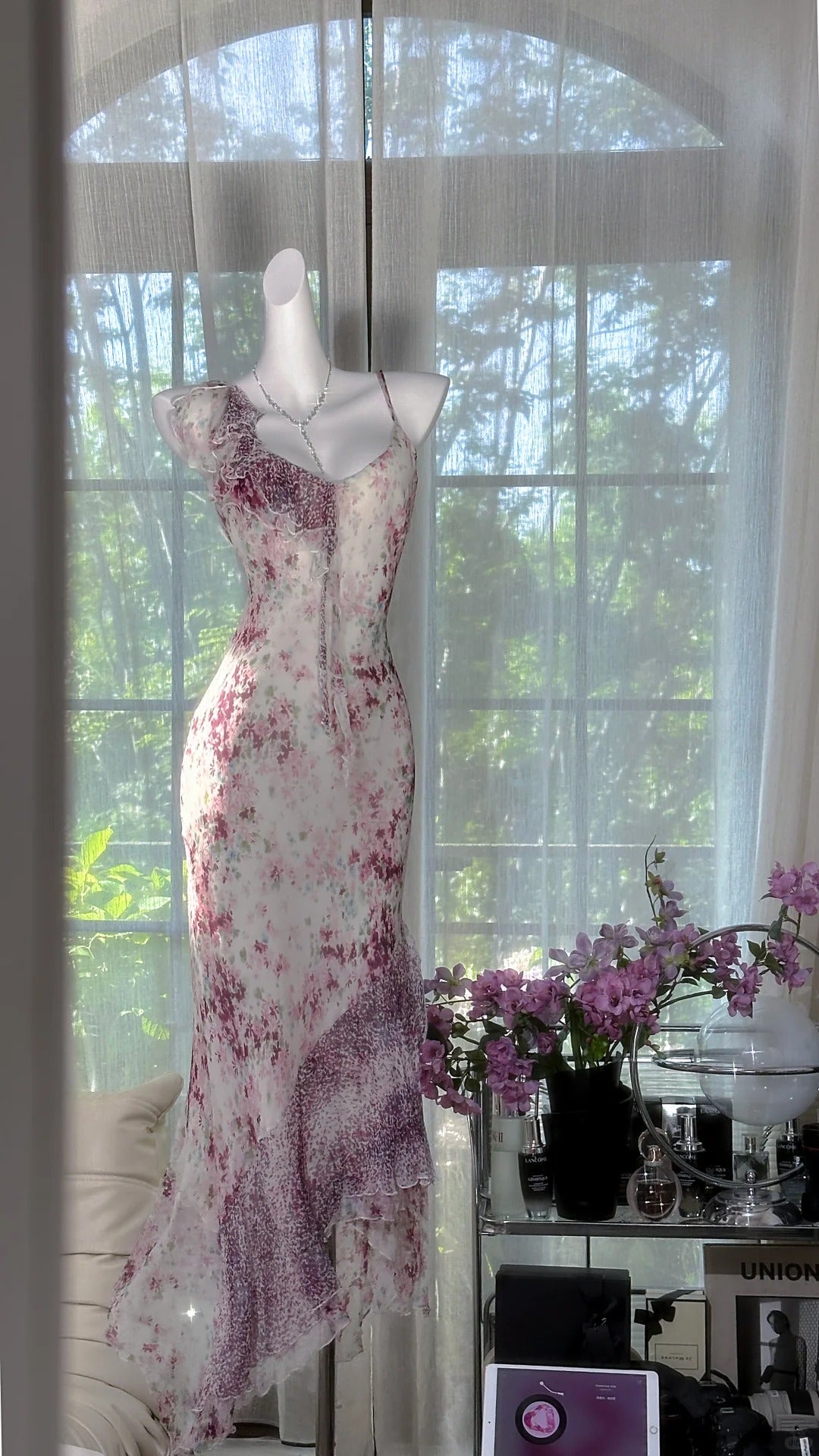 Purple floral vintage beaded chiffon long ball gown evening dress party dress gh4820