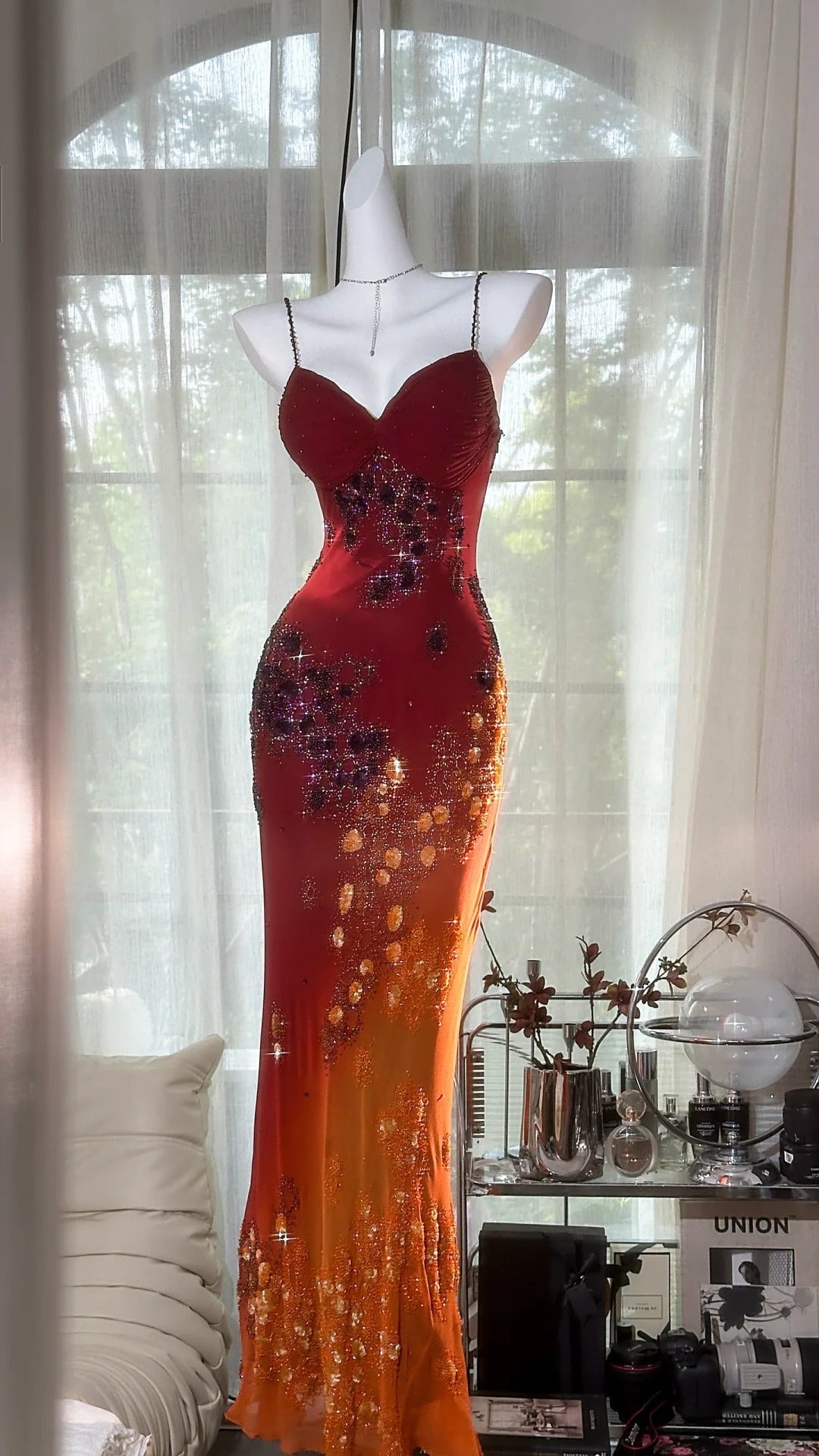 Burgundy Orange Floral Ball Gown Long Chiffon Date Dress Evening Dress Birthday Dress Wedding Dress gh4532
