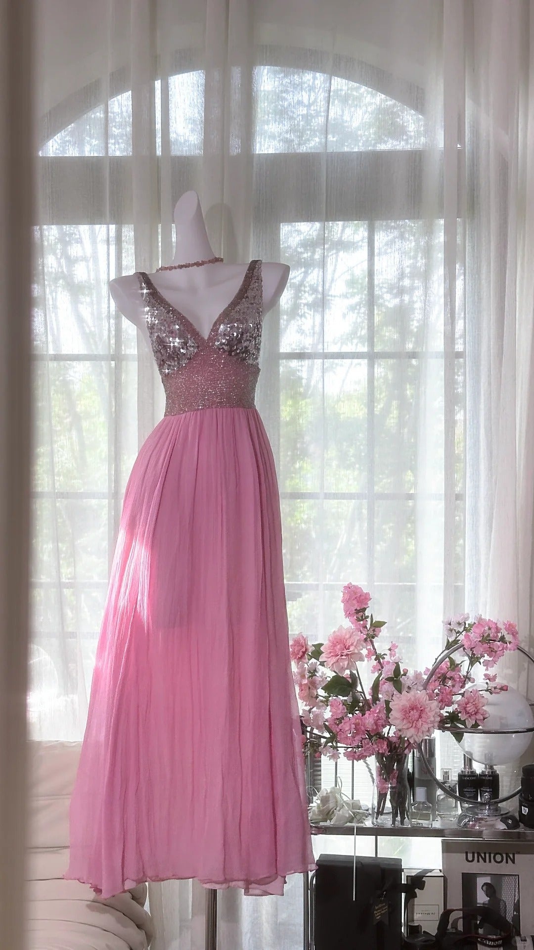 Pink Elegant Shiny V Neck Long Chiffon Ball Gown Evening Dress Party Dress gh4322