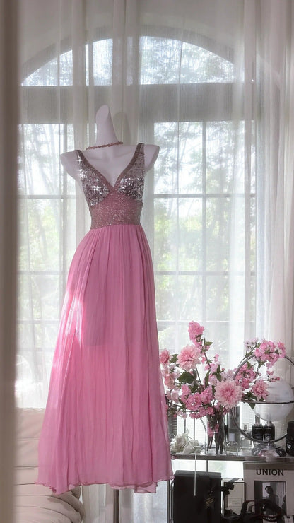 Pink Elegant Shiny V Neck Long Chiffon Ball Gown Evening Dress Party Dress gh4322