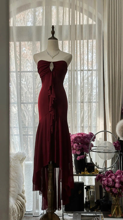 Burgundy Elegant Exquisite Rhinestone Long Chiffon Ball Gown Evening Gown Party Gown Birthday Gown Date Gown gh4164