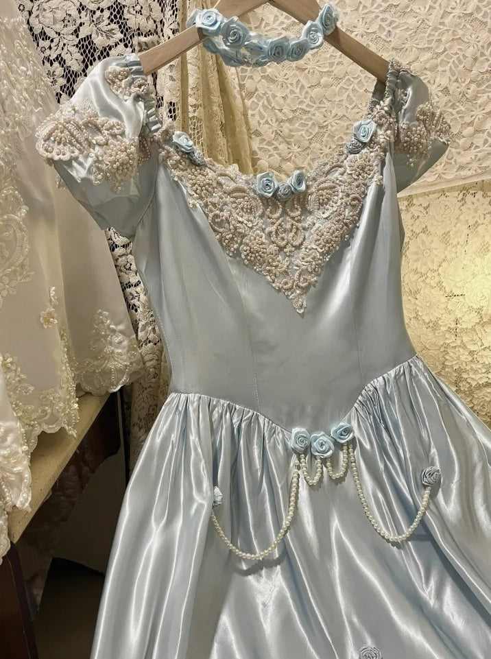 Blue Vintage Elegant Floral Long Satin Floor Length Ball Gown Evening Dress gh4415