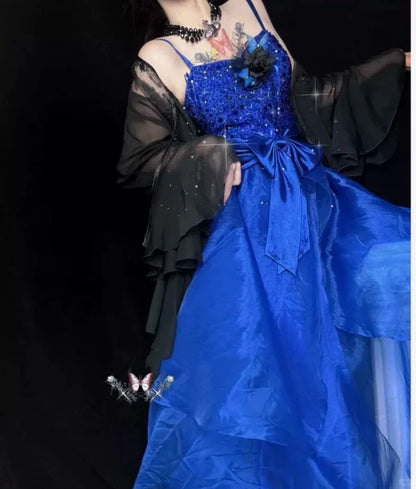 Blue gorgeous exquisite beaded long tulle ball gown evening dress party dress gh4501