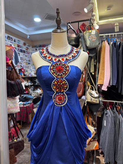 Blue gemstone long satin ball dress, banquet dress, evening dress gh4651