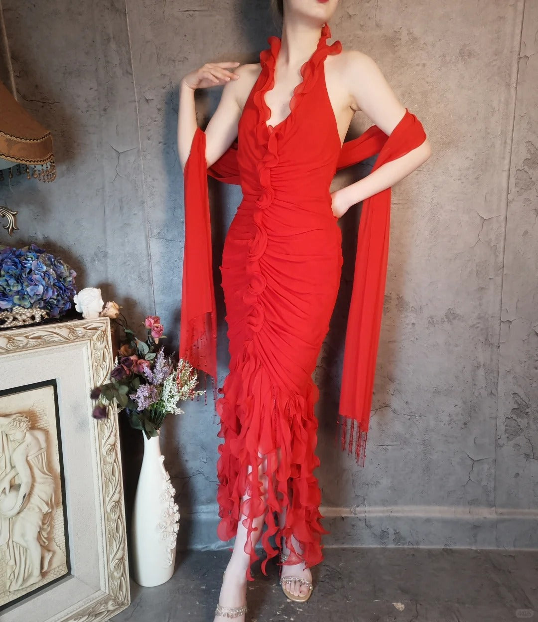 Flame red dress vintage pleated fishtail tassel beads retro elegant long chiffon prom dress evening dress party dress gh4808