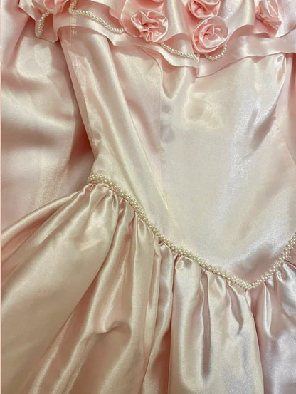 Pink Vintage Elegant Floral Beading Fashion Long Satin Ball Gown Evening Dress Graduation Dress Birthday Dress Quinceañera Dress gh4259