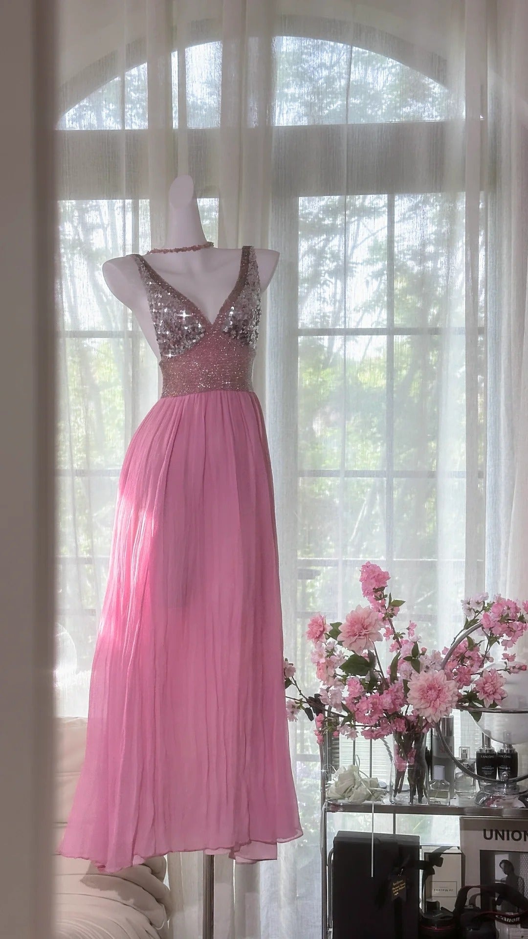 Pink Elegant Shiny V Neck Long Chiffon Ball Gown Evening Dress Party Dress gh4322