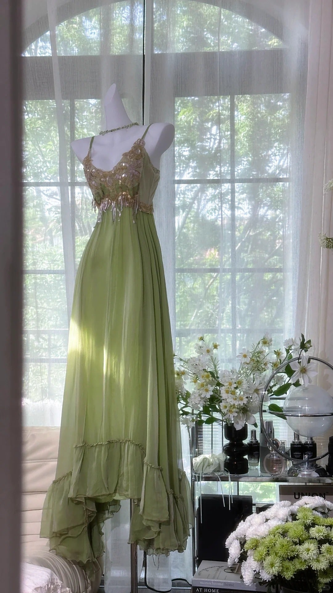 Green shiny sequins romantic elegant long chiffon ball gown evening dress party dress date dress gh4614