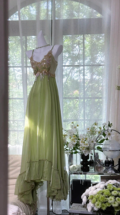 Green shiny sequins romantic elegant long chiffon ball gown evening dress party dress date dress gh4614