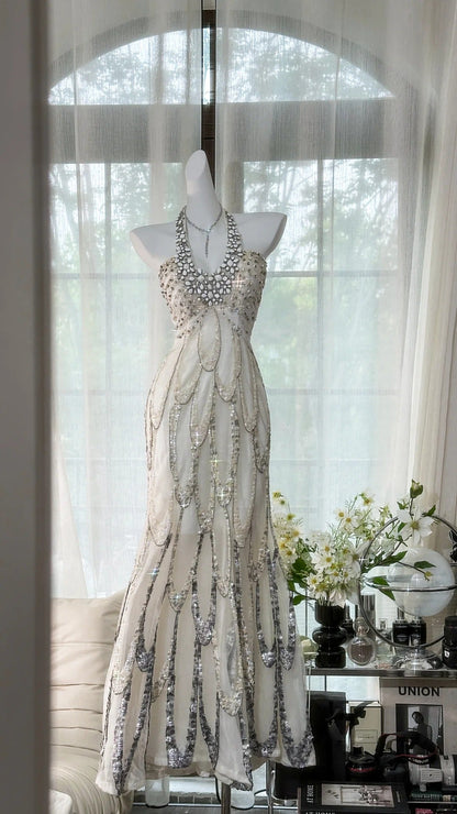 White Beaded Sparkling Ball Gown Long Chiffon Ball Gown Evening Gown Birthday Gown Wedding Gown gh4529