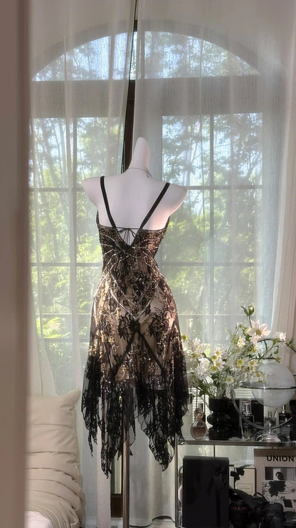 Black brown vintage beaded lace dress short homecoming dress prom dress evening dress party dress gh4818