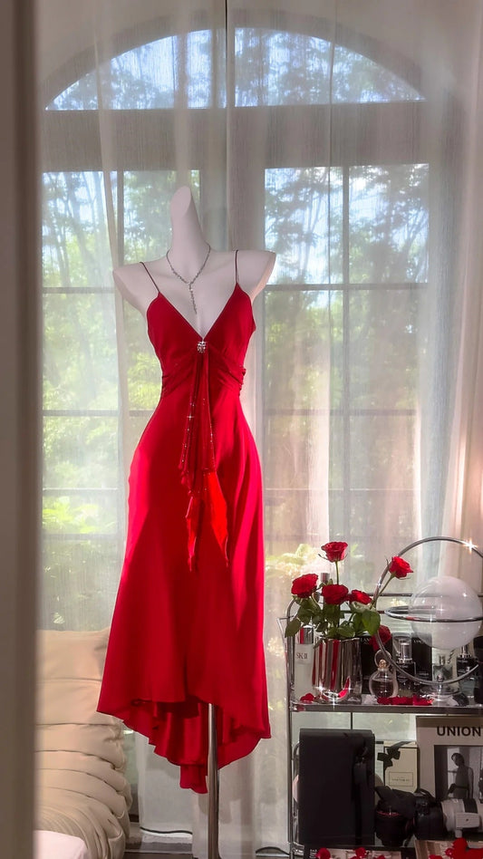 Red Fashion Sexy Elegant Satin Long V Neck Prom Dress Evening Dress Wedding Party Dress gh4845