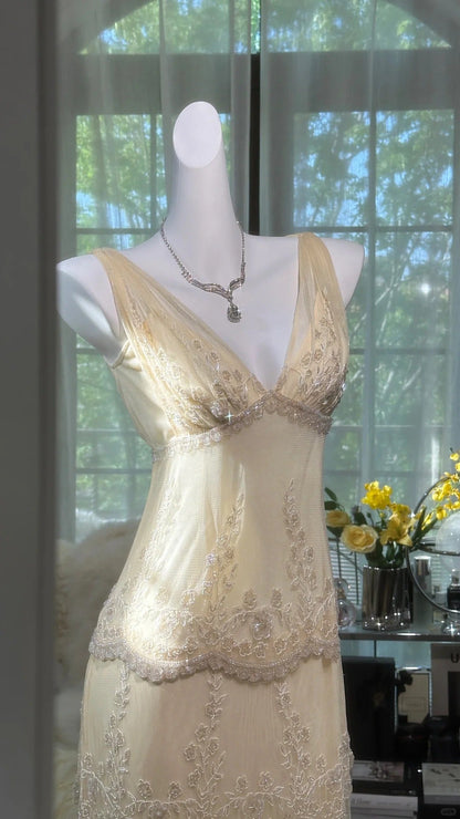 Cream Yellow V Neck Exquisite Beaded Lace Long Chiffon Tulle Ball Gown Evening Gown Wedding Party Gown Prom Gown Graduation Date Gown gh3987