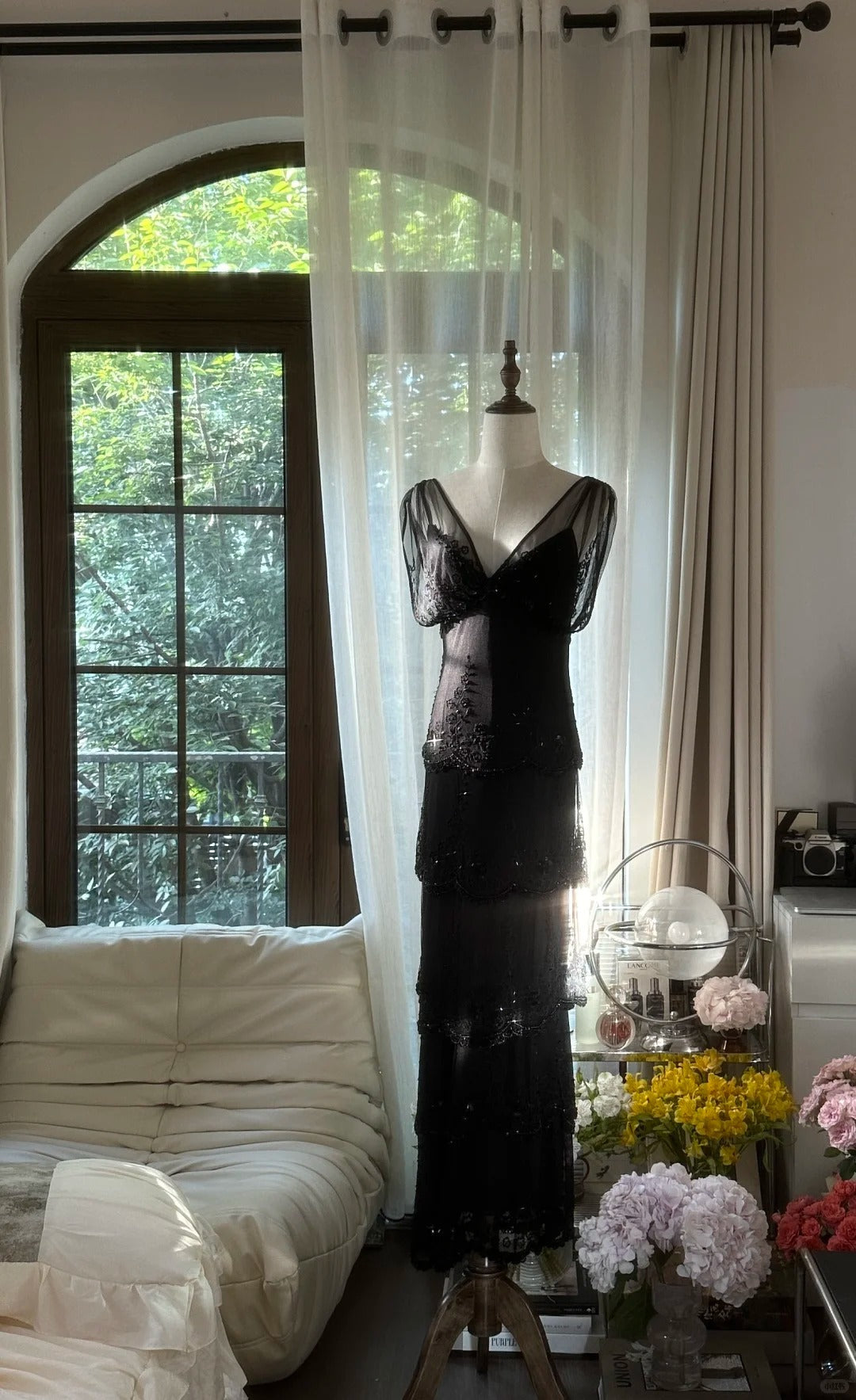 Black Beaded Elegant Long Tiered Chiffon Ball Gown Evening Gown Party Dress gh4751