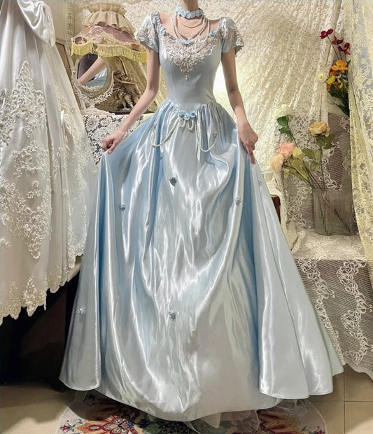 Blue Vintage Elegant Floral Long Satin Floor Length Ball Gown Evening Dress gh4415