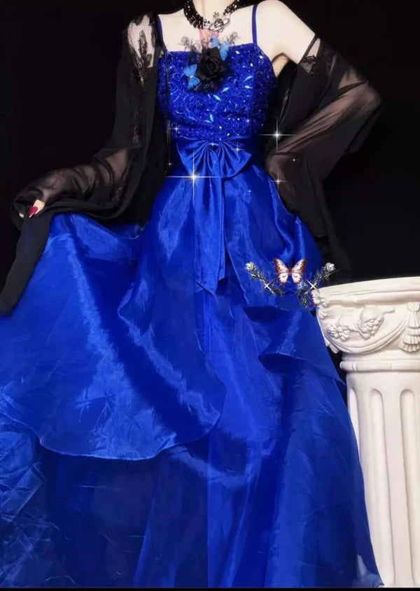 Blue gorgeous exquisite beaded long tulle ball gown evening dress party dress gh4501