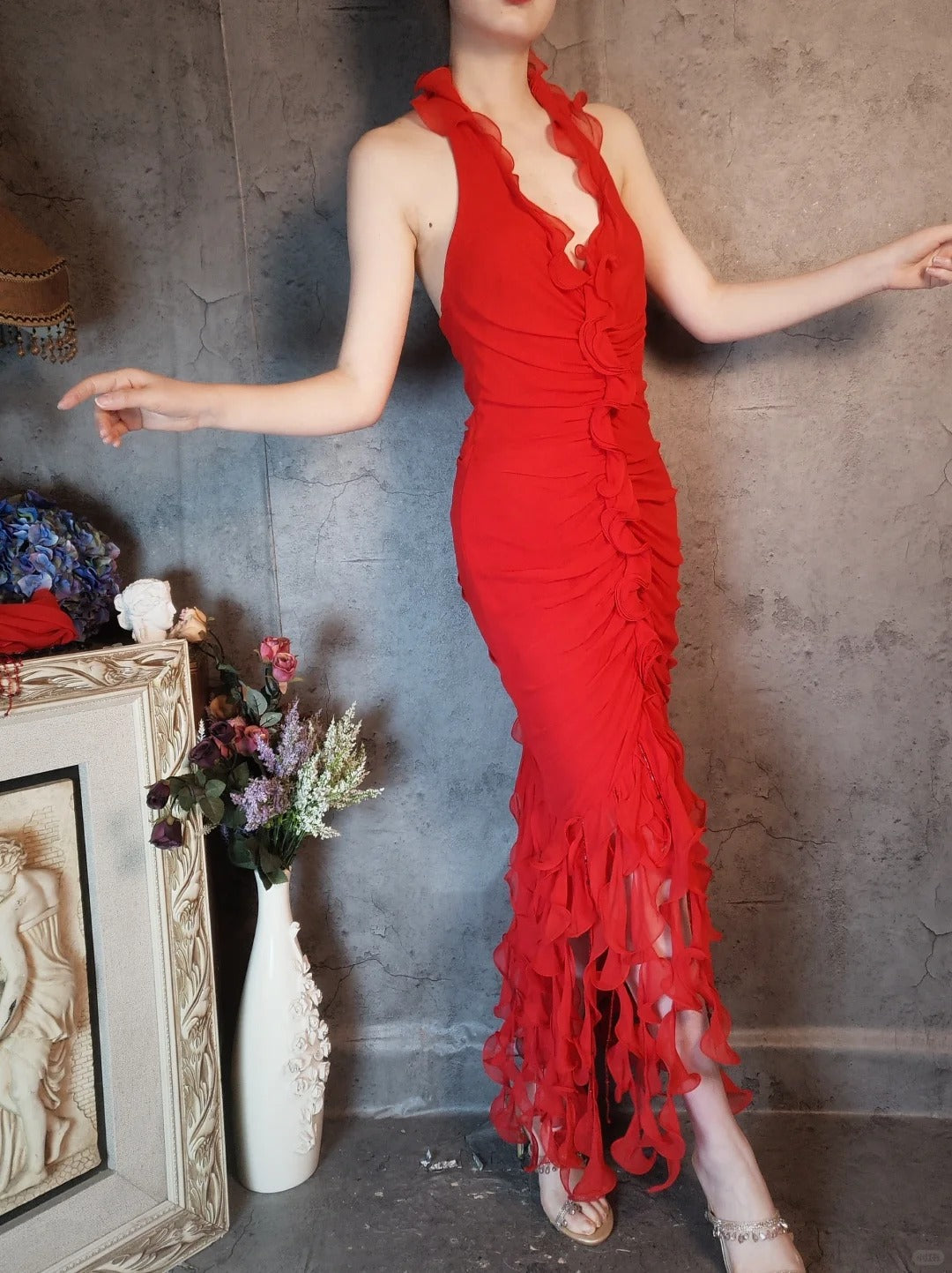 Flame red dress vintage pleated fishtail tassel beads retro elegant long chiffon prom dress evening dress party dress gh4808