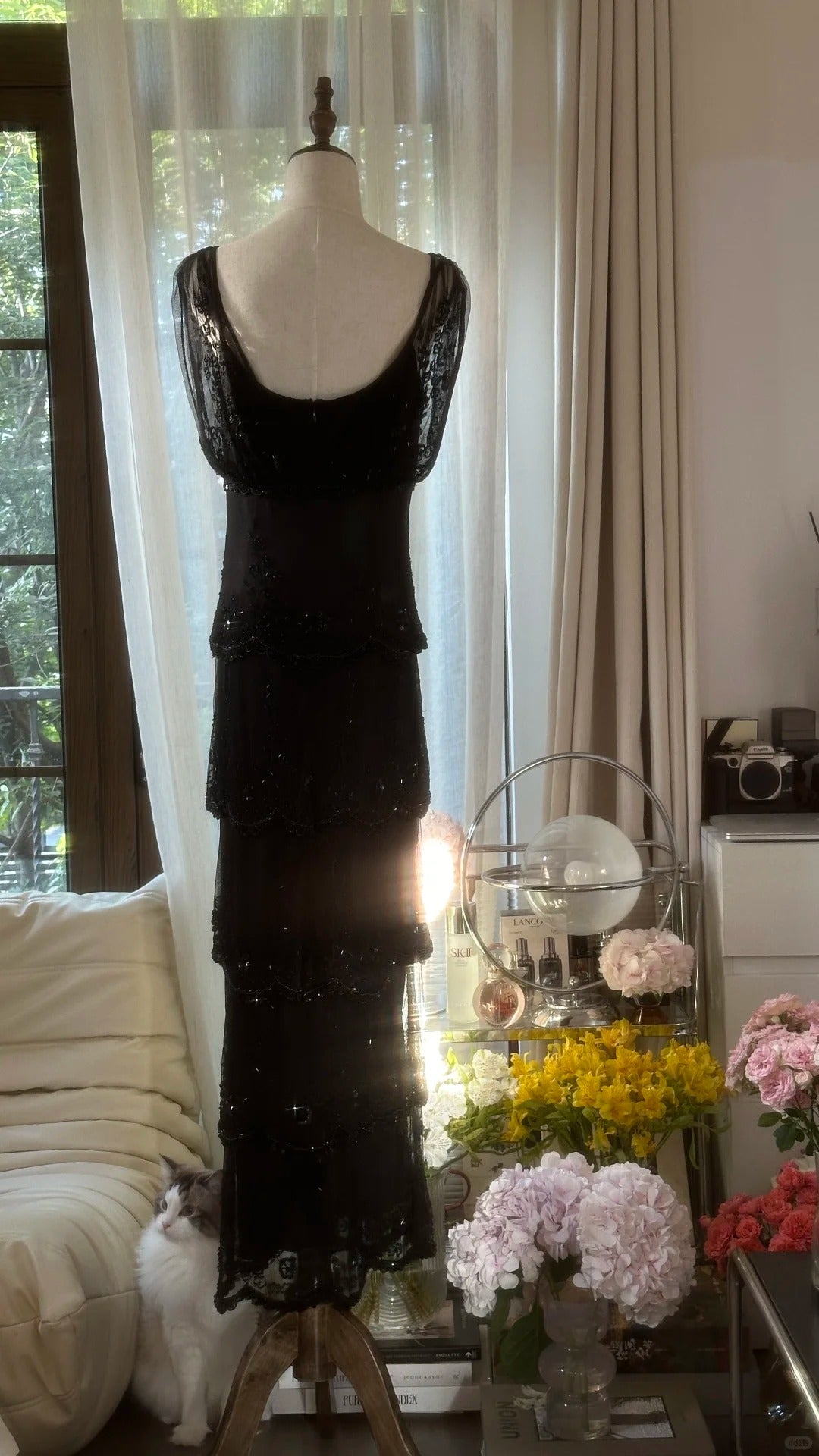 Black Beaded Elegant Long Tiered Chiffon Ball Gown Evening Gown Party Dress gh4751
