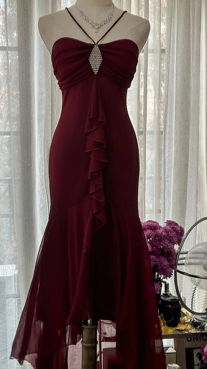 Burgundy Elegant Exquisite Rhinestone Long Chiffon Ball Gown Evening Gown Party Gown Birthday Gown Date Gown gh4164