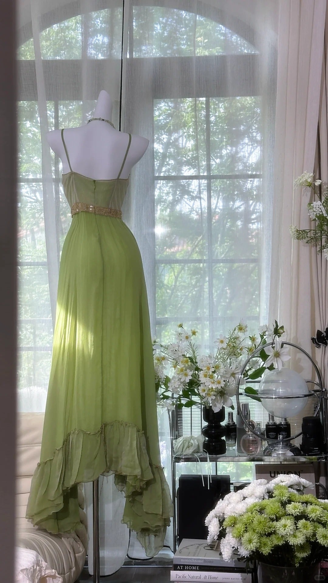 Green shiny sequins romantic elegant long chiffon ball gown evening dress party dress date dress gh4614