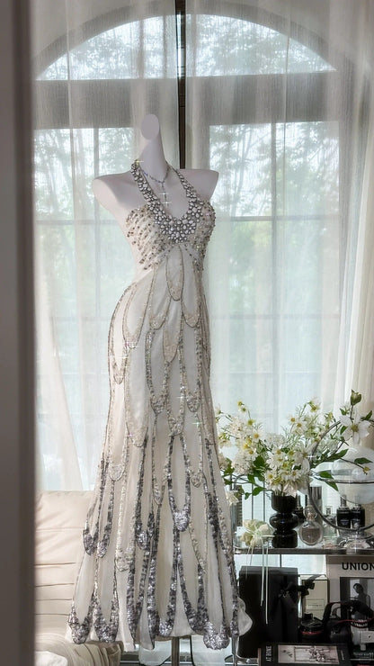 White Beaded Sparkling Ball Gown Long Chiffon Ball Gown Evening Gown Birthday Gown Wedding Gown gh4529