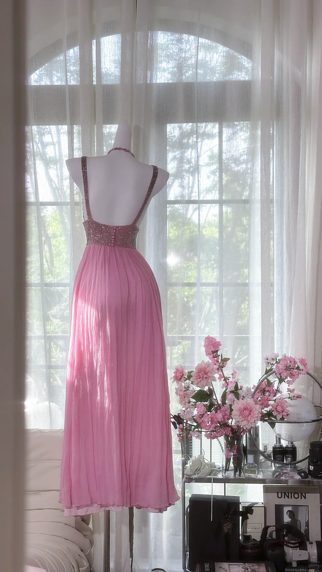 Pink Elegant Shiny V Neck Long Chiffon Ball Gown Evening Dress Party Dress gh4322
