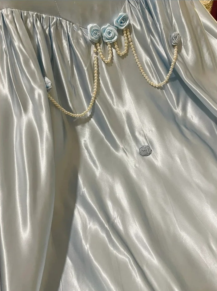 Blue Vintage Elegant Floral Long Satin Floor Length Ball Gown Evening Dress gh4415