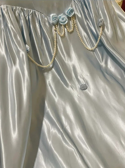 Blue Vintage Elegant Floral Long Satin Floor Length Ball Gown Evening Dress gh4415