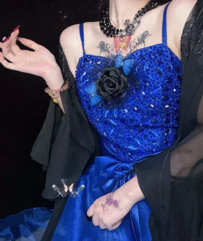 Blue gorgeous exquisite beaded long tulle ball gown evening dress party dress gh4501