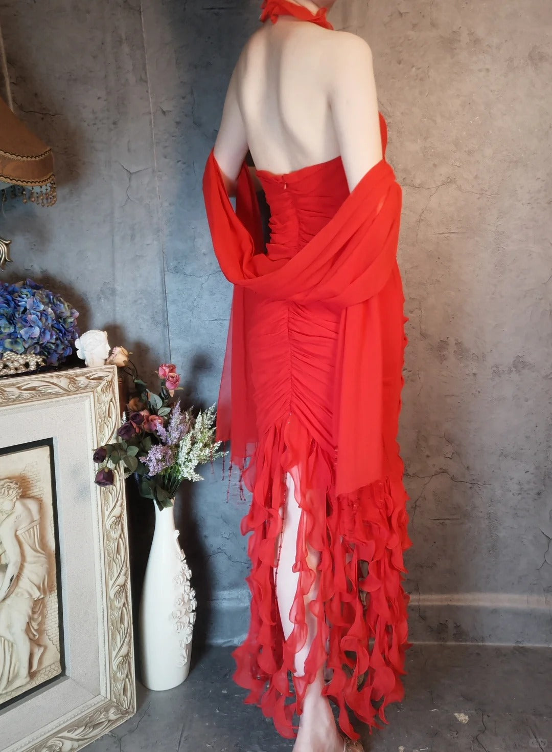 Flame red dress vintage pleated fishtail tassel beads retro elegant long chiffon prom dress evening dress party dress gh4808