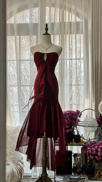 Burgundy Elegant Exquisite Rhinestone Long Chiffon Ball Gown Evening Gown Party Gown Birthday Gown Date Gown gh4164