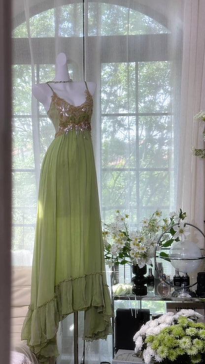Green shiny sequins romantic elegant long chiffon ball gown evening dress party dress date dress gh4614