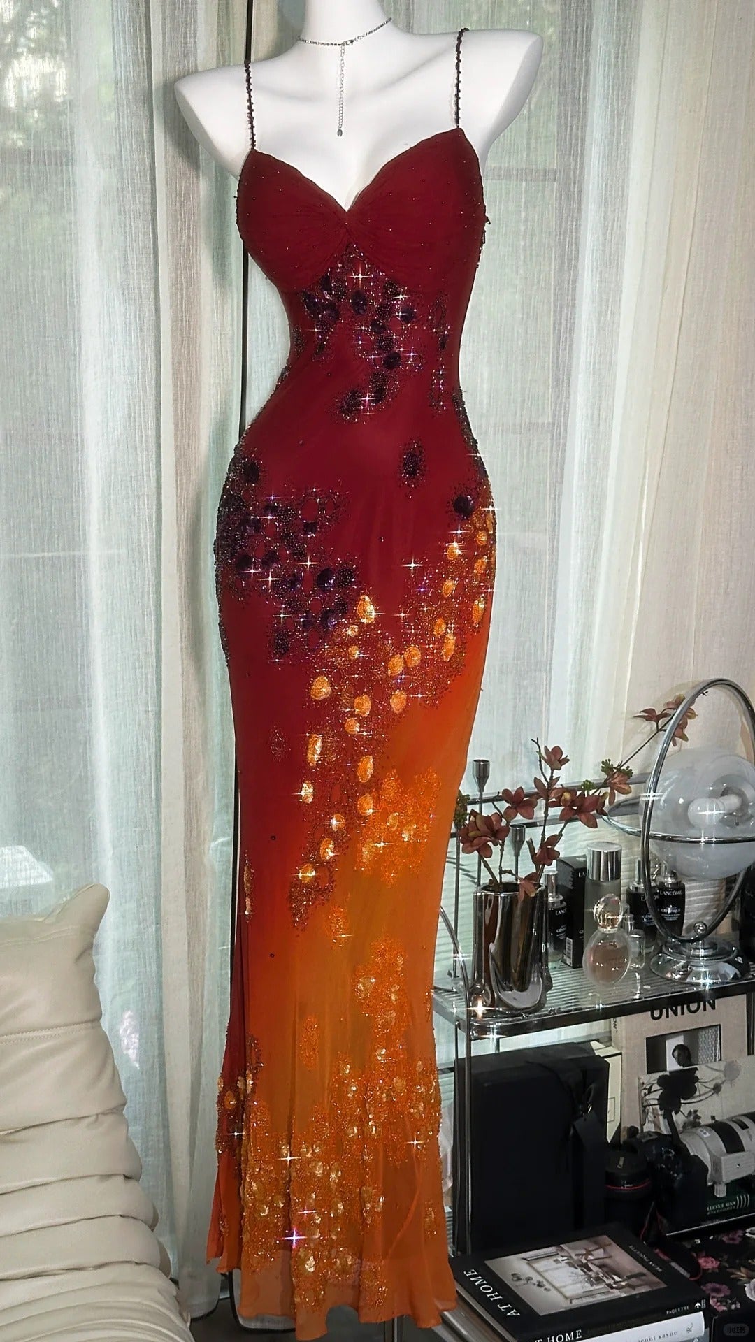 Burgundy Orange Floral Ball Gown Long Chiffon Date Dress Evening Dress Birthday Dress Wedding Dress gh4532