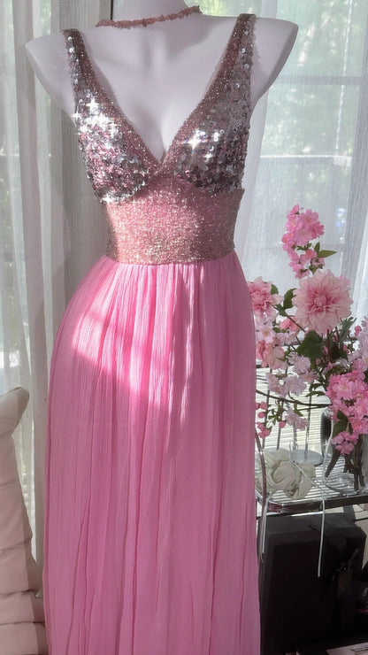 Pink Elegant Shiny V Neck Long Chiffon Ball Gown Evening Dress Party Dress gh4322