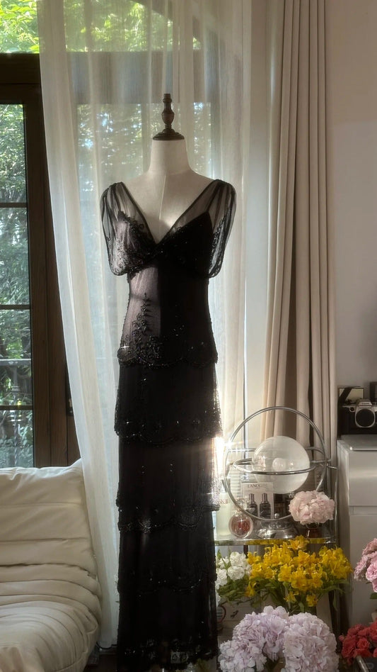 Black Beaded Elegant Long Tiered Chiffon Ball Gown Evening Gown Party Dress gh4751