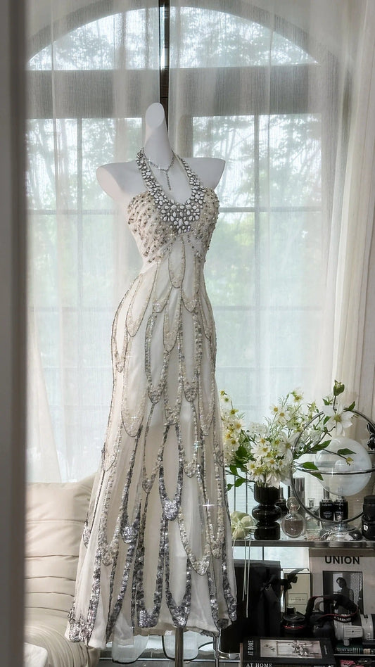 White Beaded Sparkling Ball Gown Long Chiffon Ball Gown Evening Gown Birthday Gown Wedding Gown gh4529