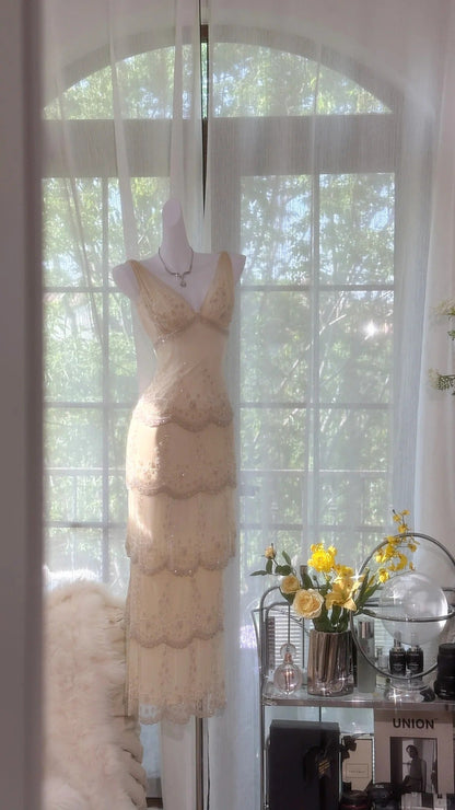 Cream Yellow V Neck Exquisite Beaded Lace Long Chiffon Tulle Ball Gown Evening Gown Wedding Party Gown Prom Gown Graduation Date Gown gh3987