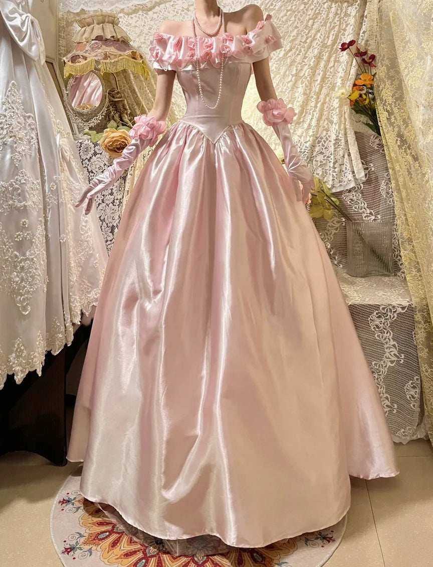 Pink Vintage Elegant Floral Beading Fashion Long Satin Ball Gown Evening Dress Graduation Dress Birthday Dress Quinceañera Dress gh4259