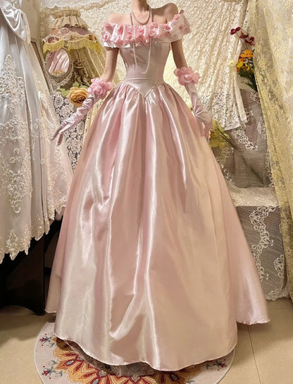 Pink Vintage Elegant Floral Beading Fashion Long Satin Ball Gown Evening Dress Graduation Dress Birthday Dress Quinceañera Dress gh4259