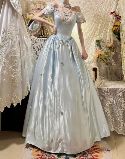Blue Vintage Elegant Floral Long Satin Floor Length Ball Gown Evening Dress gh4415