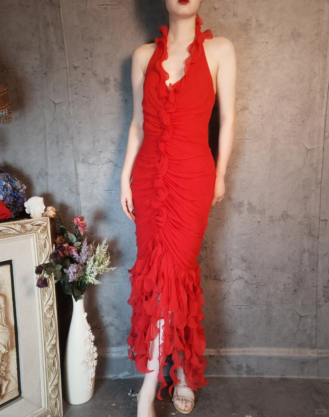Flame red dress vintage pleated fishtail tassel beads retro elegant long chiffon prom dress evening dress party dress gh4808