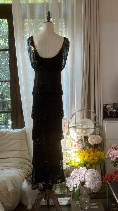 Black Beaded Elegant Long Tiered Chiffon Ball Gown Evening Gown Party Dress gh4751