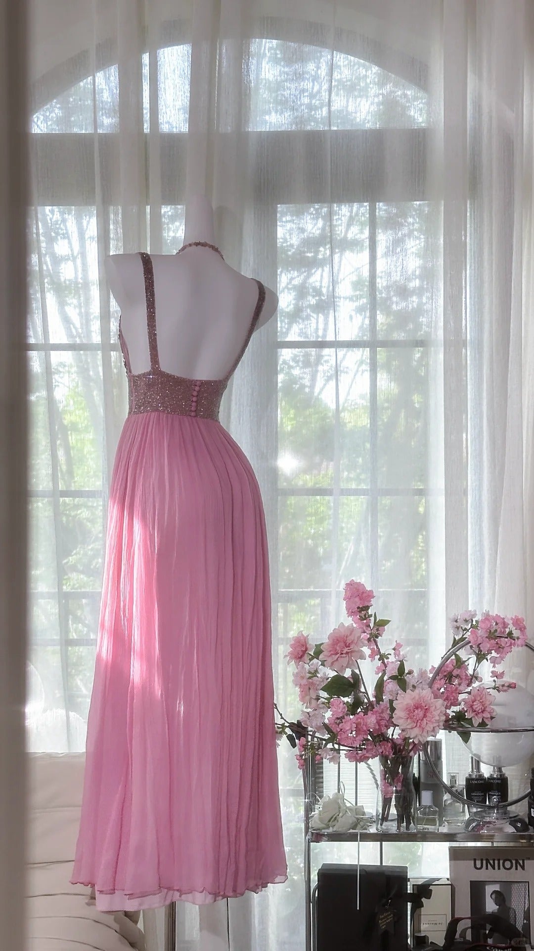 Pink Elegant Shiny V Neck Long Chiffon Ball Gown Evening Dress Party Dress gh4322