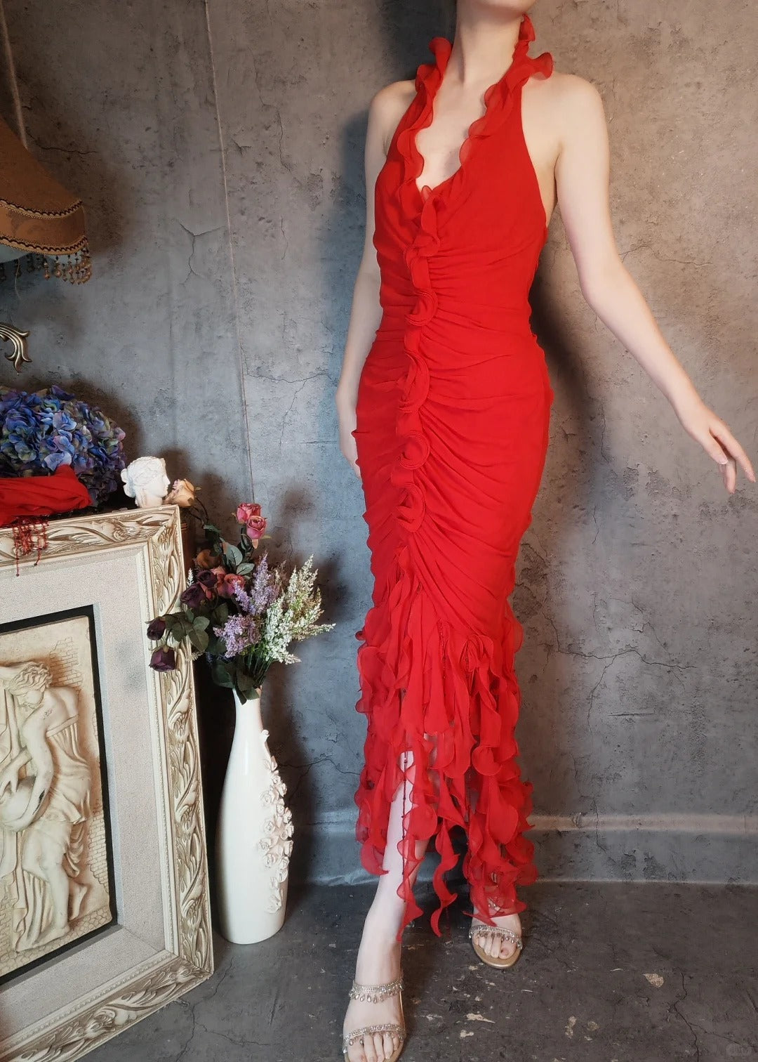 Flame red dress vintage pleated fishtail tassel beads retro elegant long chiffon prom dress evening dress party dress gh4808