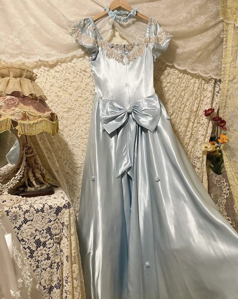 Blue Vintage Elegant Floral Long Satin Floor Length Ball Gown Evening Dress gh4415